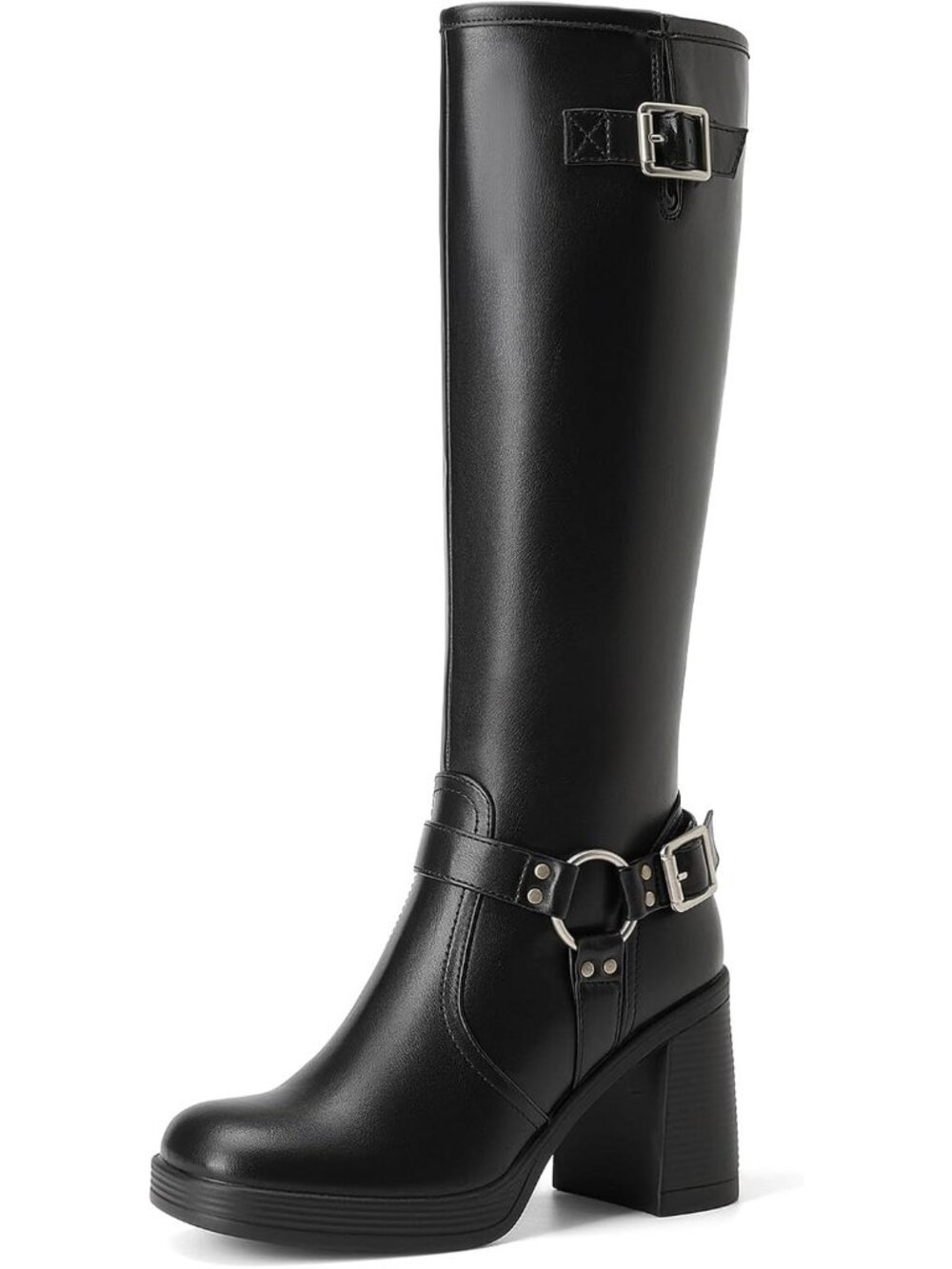 Women's Black Faux Leather Block Heel with Platform Square Toe Knee High Boots